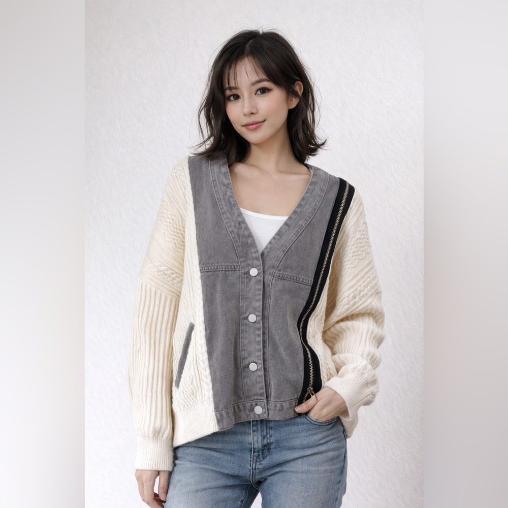 POL Patchwork Denim & Cable Knit Buttoned Cardiga… - image 3